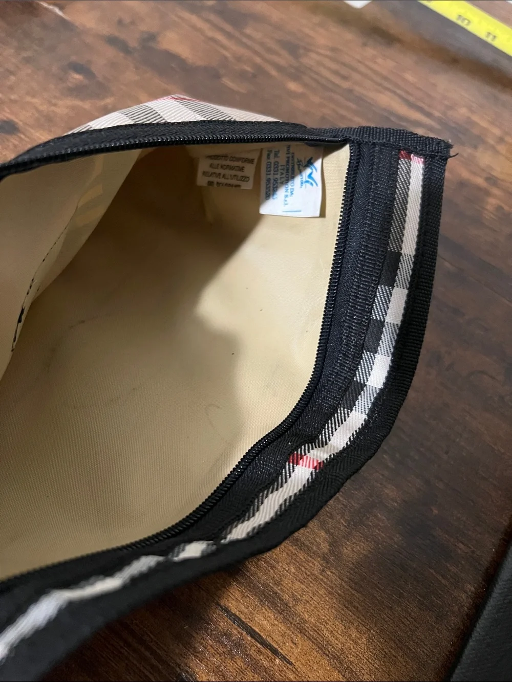 Beige Plaid Trifold Wallet with Black Trim